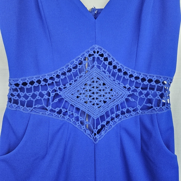 Windsor Cobalt Blue Lace Crochet Front Romper Pockets Med Boho Fairycore - Picture 3 of 6